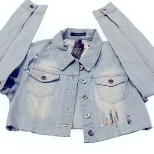 Cropped Jean Jacket Frayed Hem Denim Jacket Long Sleeve